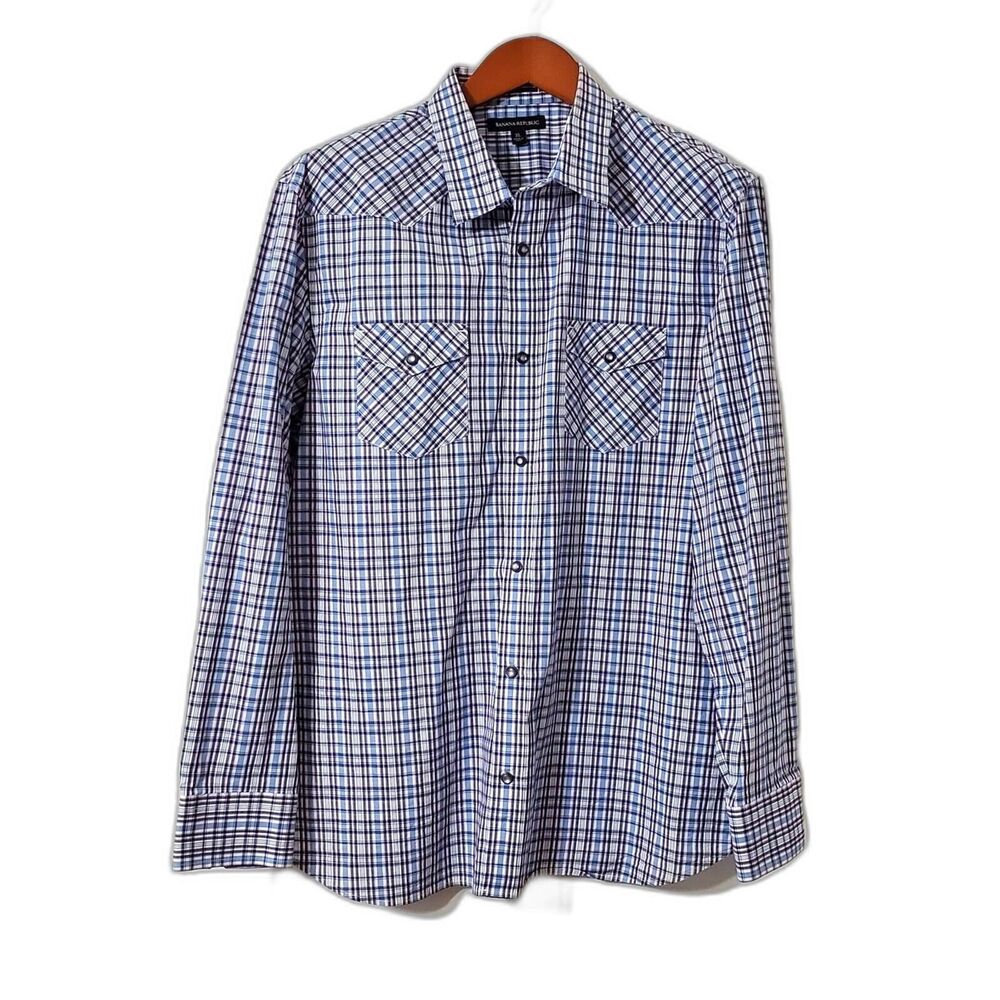 Banana Republic Mens Sz XL Purple Blue Slim Flex Tech Western Shirt Snaps